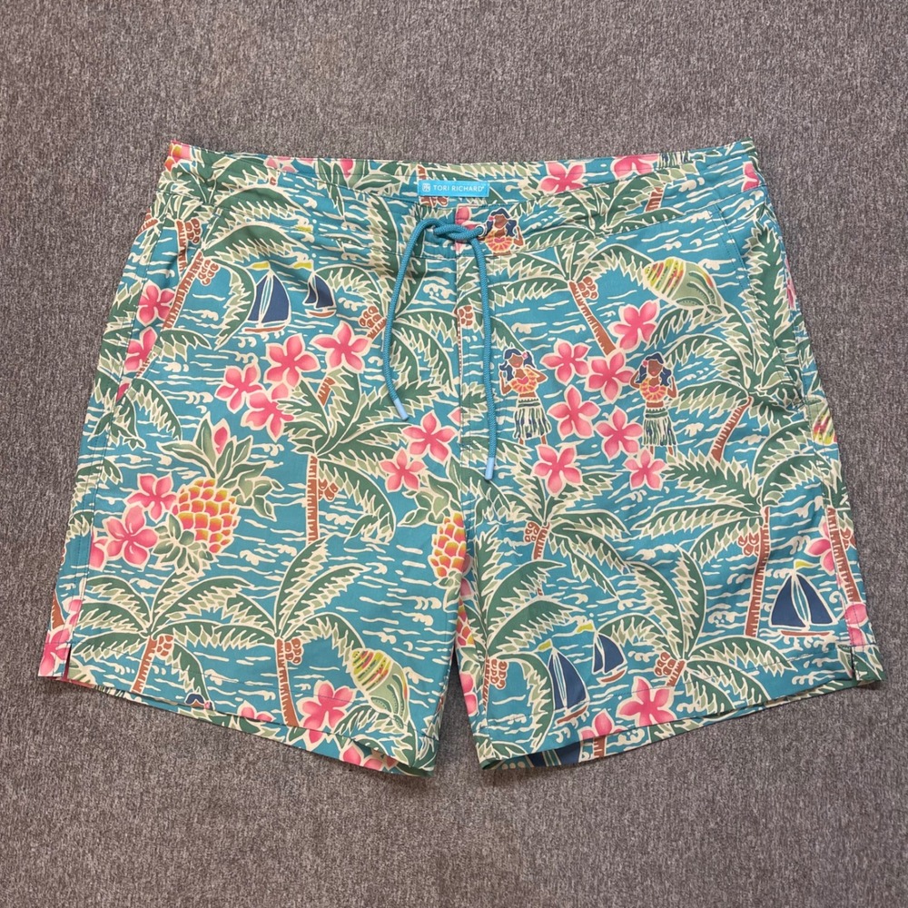 Tori Richard Tradewind Technology Mens Tropical Hula Swim Trunks Blue Pink 38